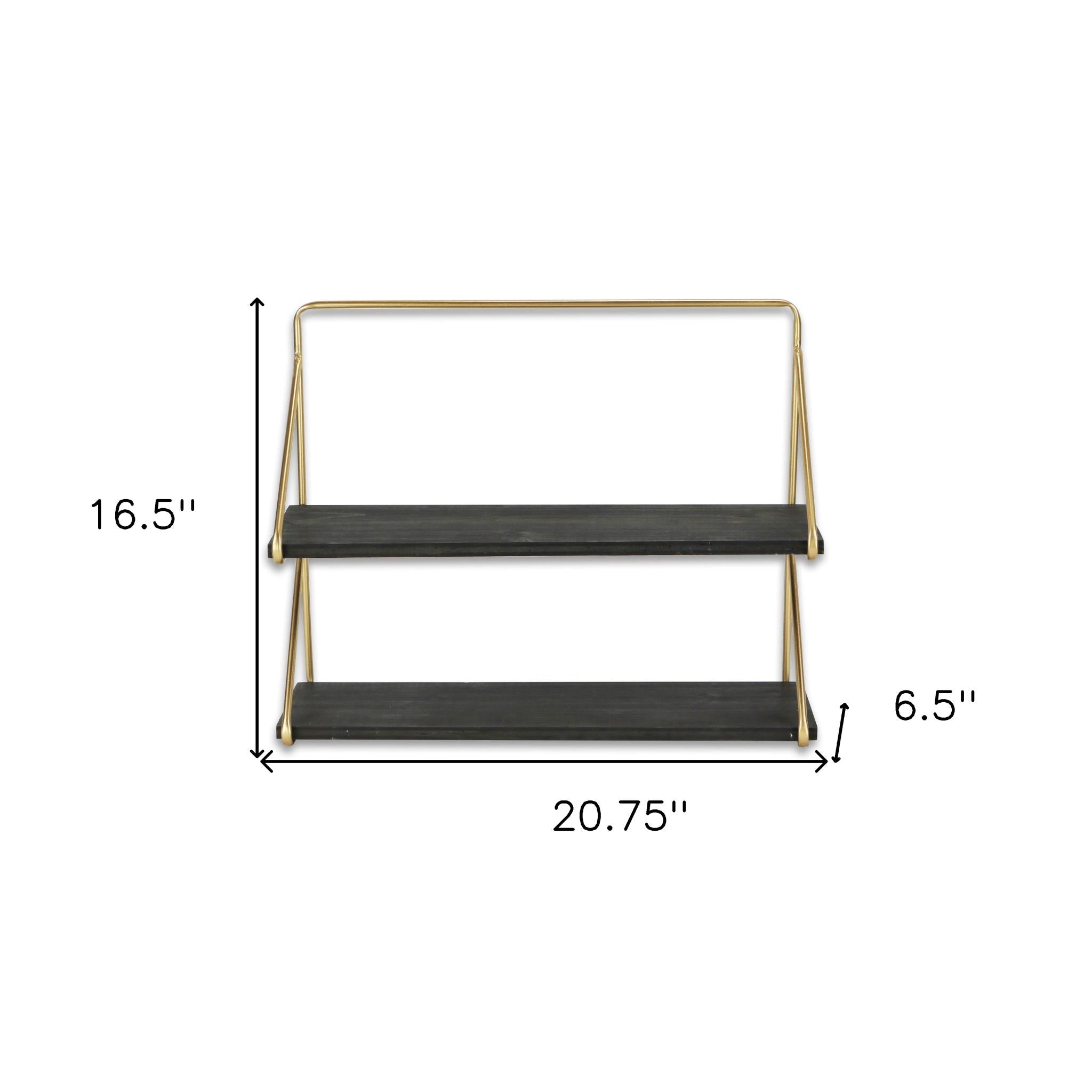 21" Dark Gray And Gold Metal And Wood Wall Mounted Tiered Shelf