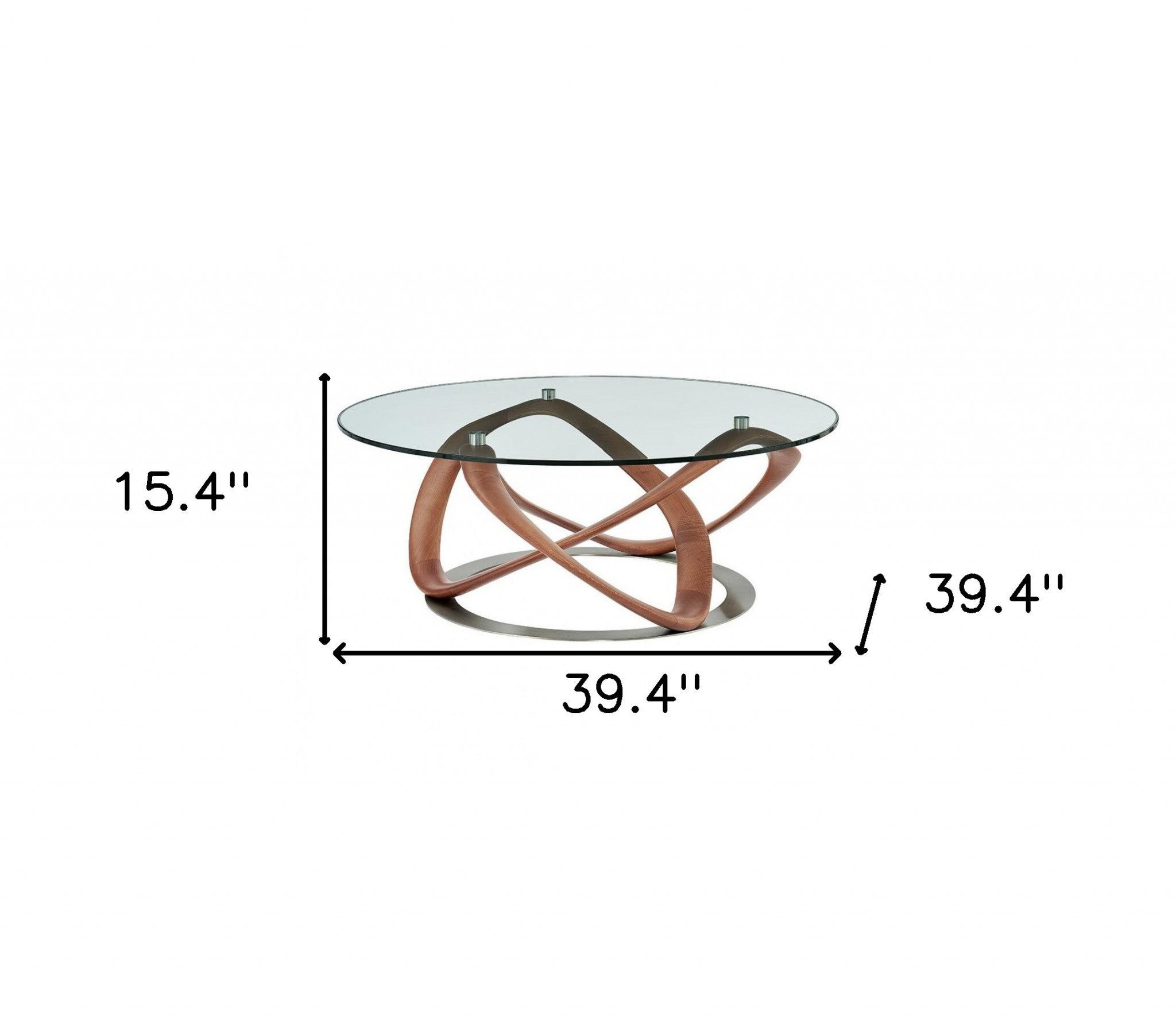39" Clear and Brown Glass And Solid Wood Round Abstract Coffee Table