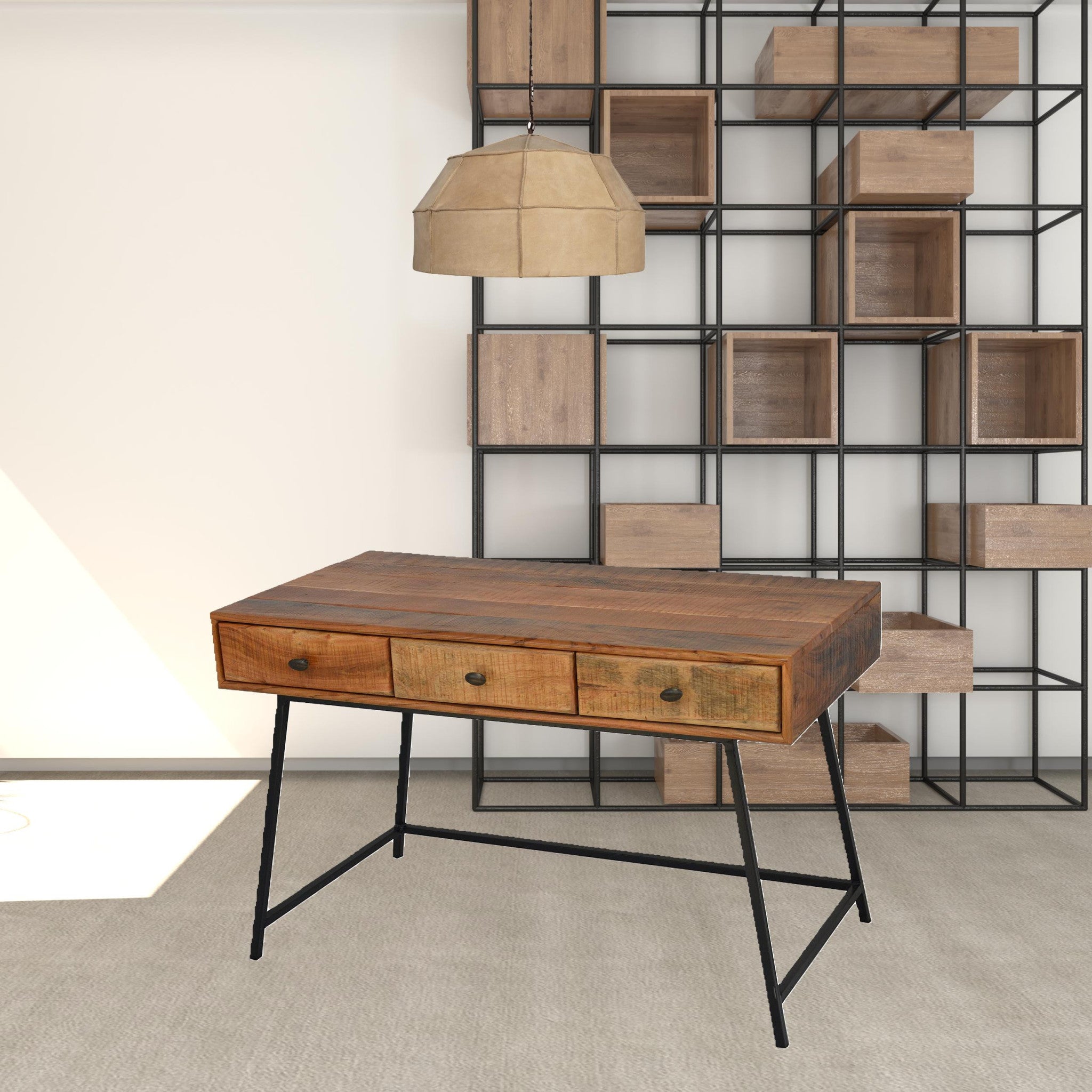 47" Natural and Black Solid Wood Writing Desk With Three Drawers