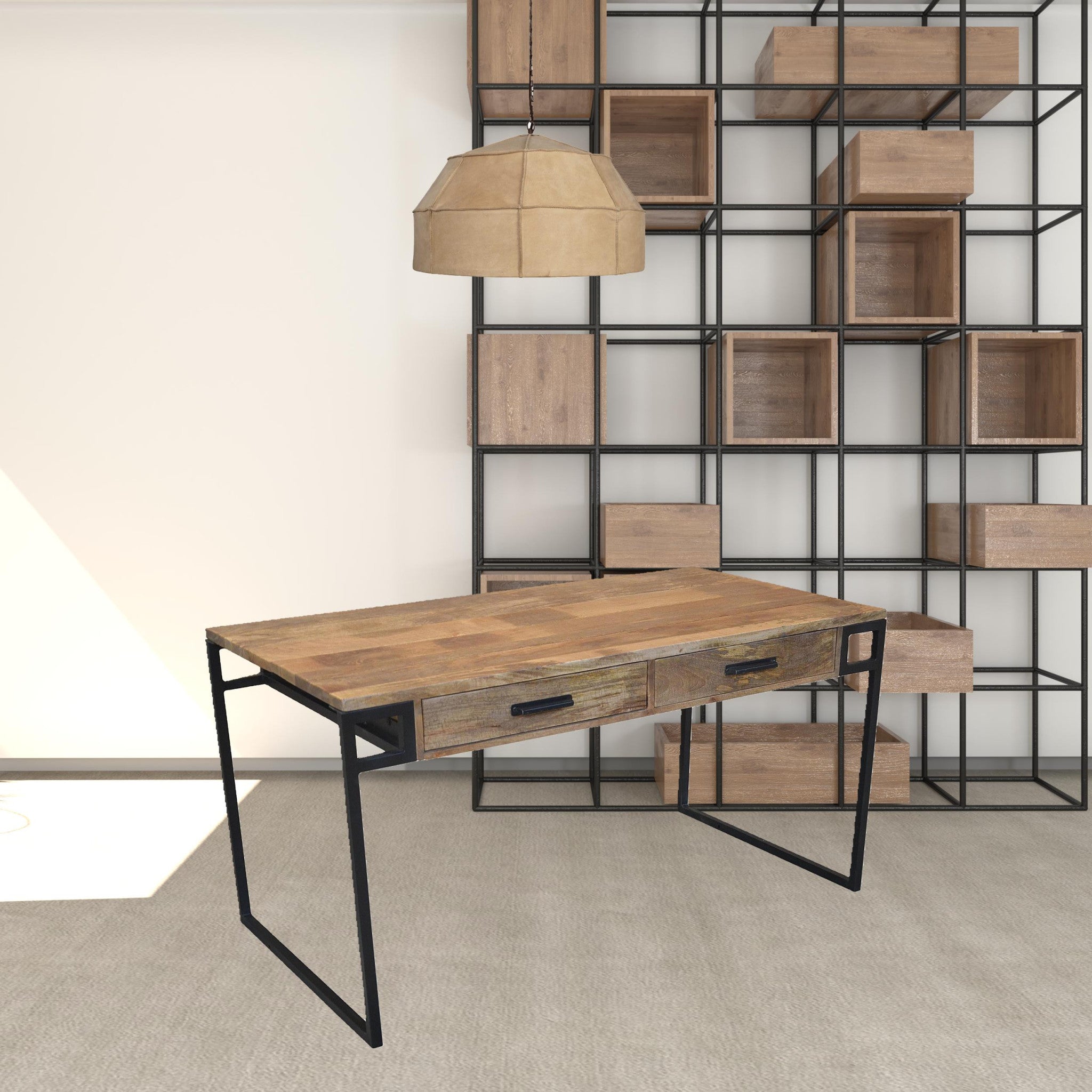 60" Natural and Black Solid Wood Writing Desk With Two Drawers