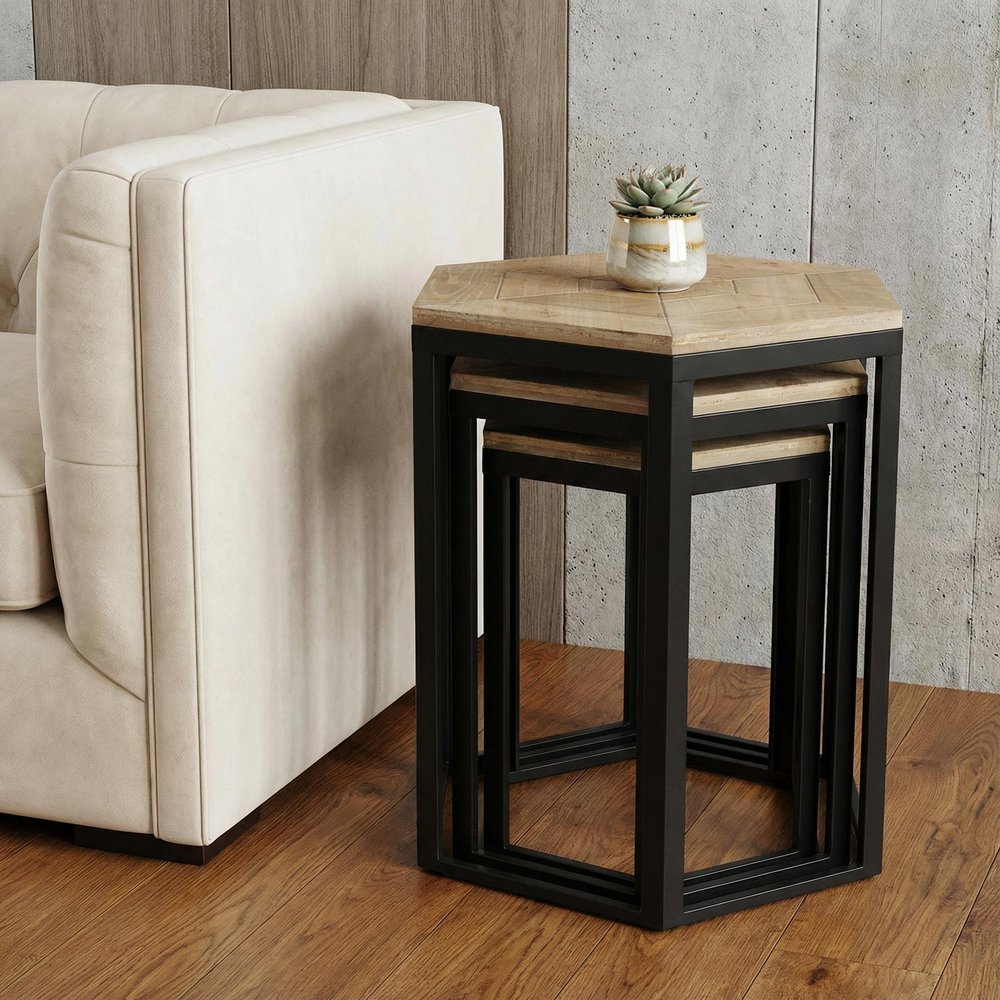Set Of Three 25" Black And Brown Solid Wood And Steel Hexagon Nested Tables
