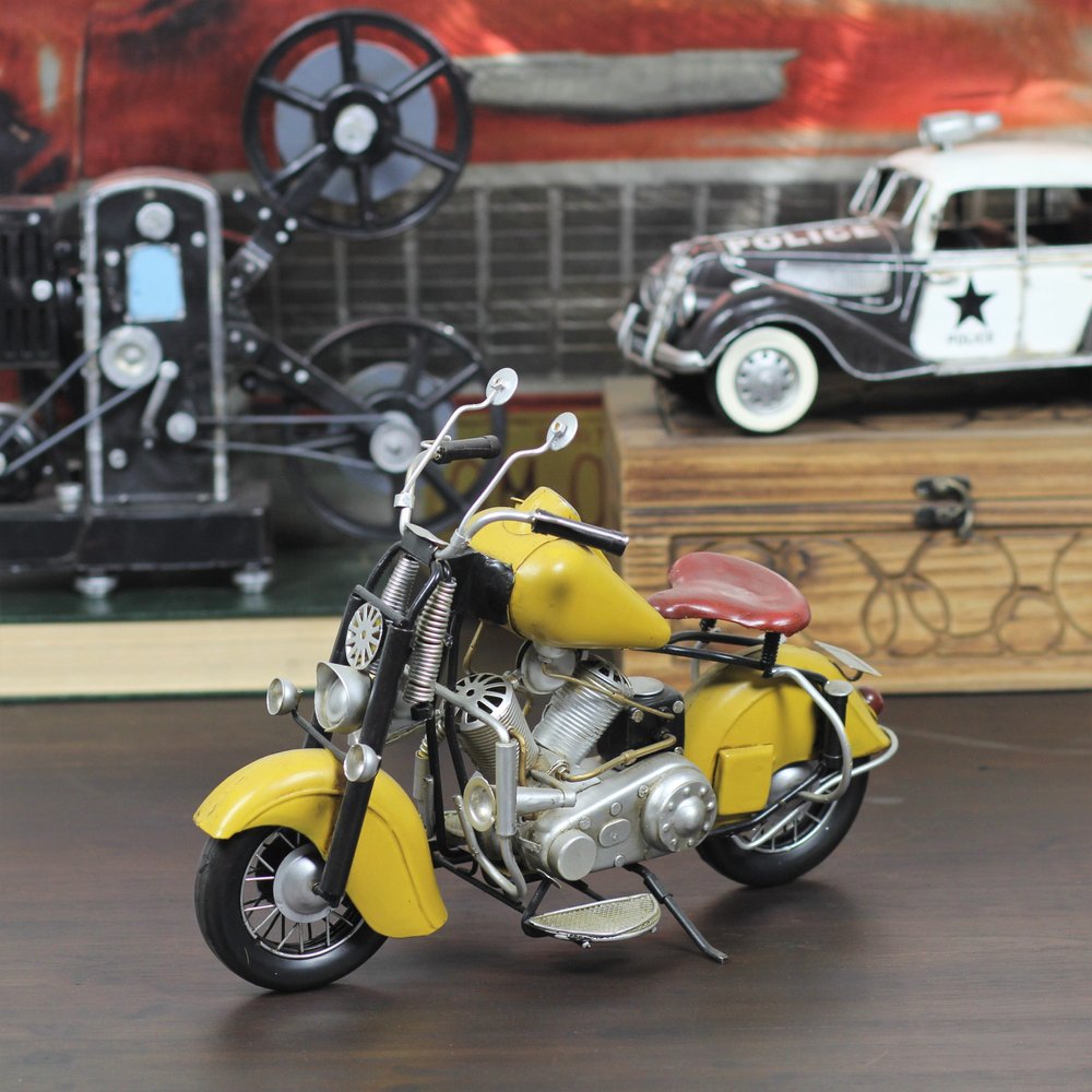 8" Yellow and Black Metal Hand Painted Model Motorcycle Tabletop Sculpture
