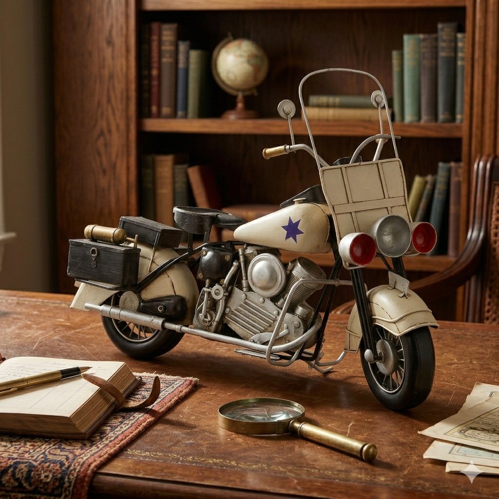 10" Cream Metal Hand Painted Early 1900's Police Motorcycle Model Model Motorcycle