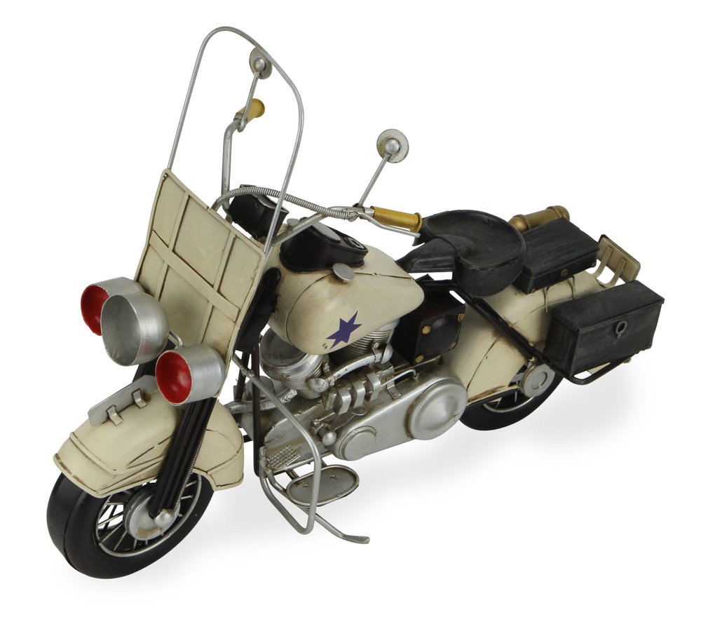 10" Cream Metal Hand Painted Early 1900's Police Motorcycle Model Model Motorcycle