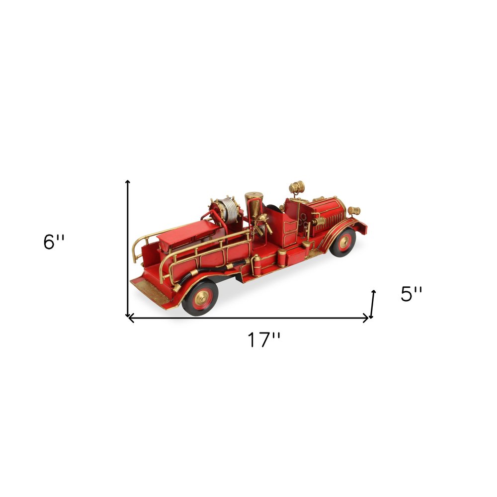 6" Red and Gold Metal Hand Painted Early 20th Century Red Fire Engine Model Car
