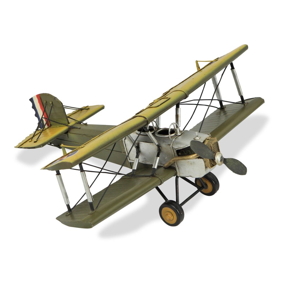 6" Yellow and Green Metal Hand Painted Model Airplane Tabletop Sculpture