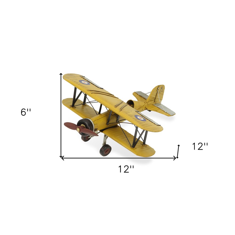 6" Yellow and Black Metal Hand Painted Model Airplane Tabletop Sculpture