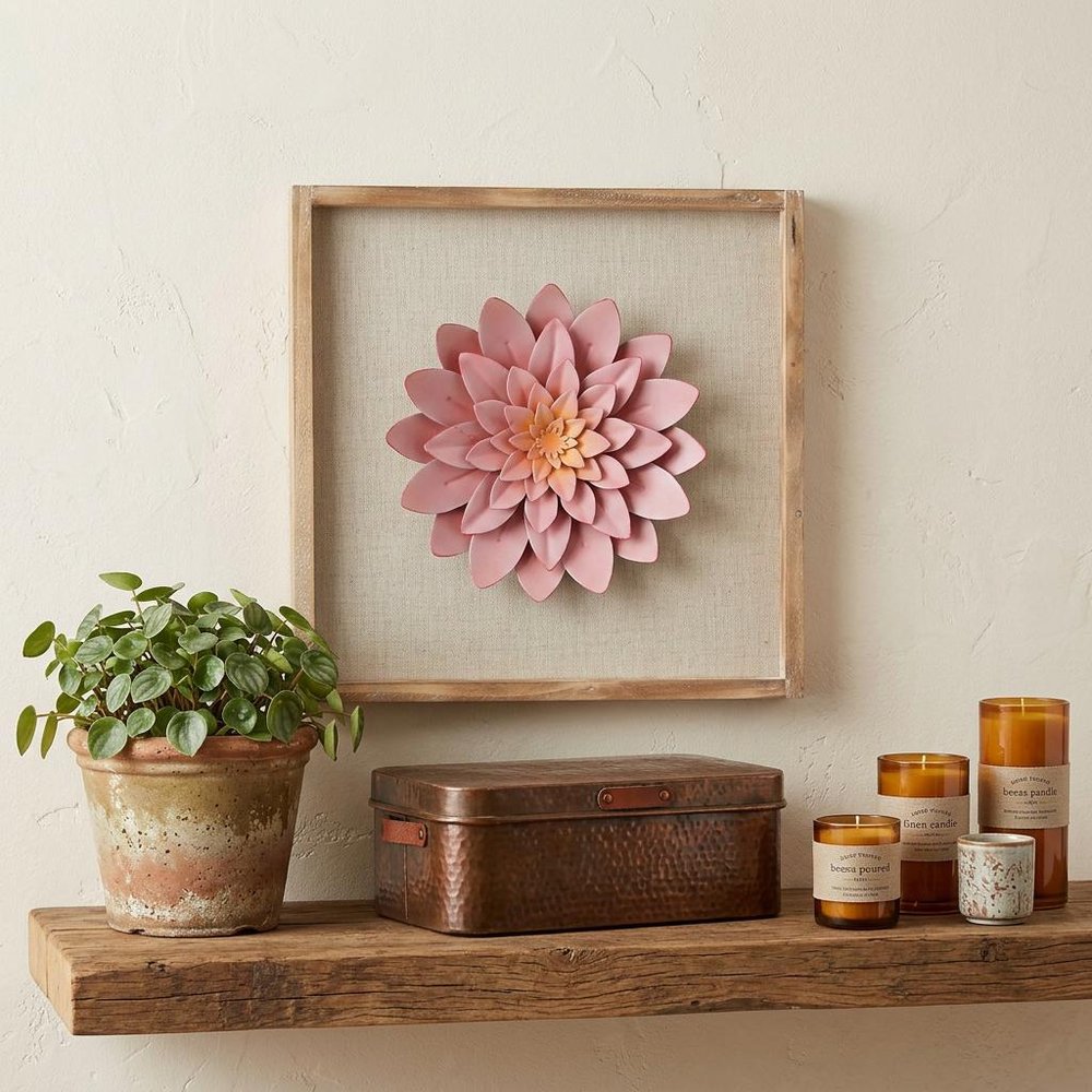 12" X 13" Pink and Off White Flower Wood and Metal Wall Decor