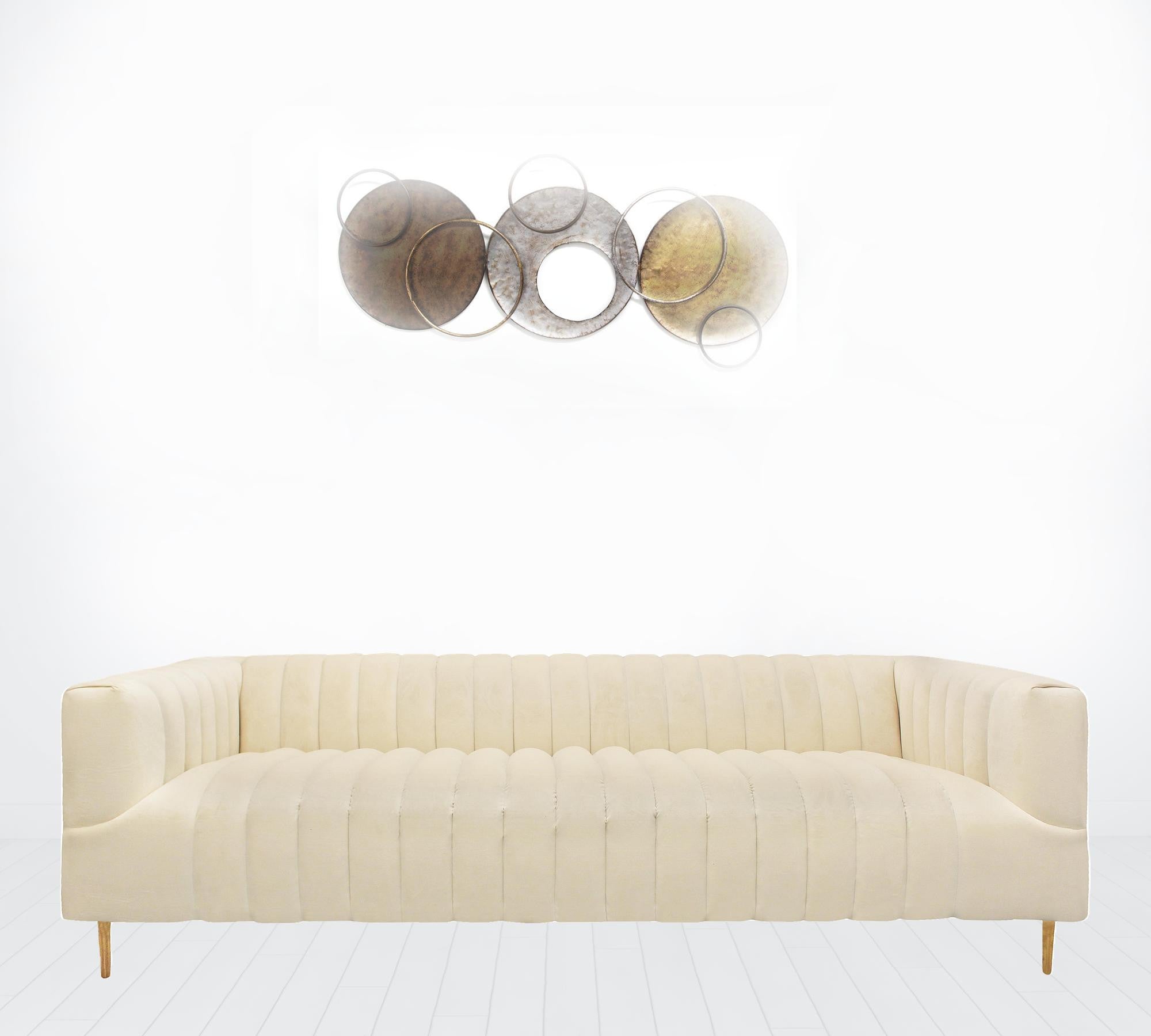 90" Ivory Velvet Sofa And Toss Pillows With Gold Legs