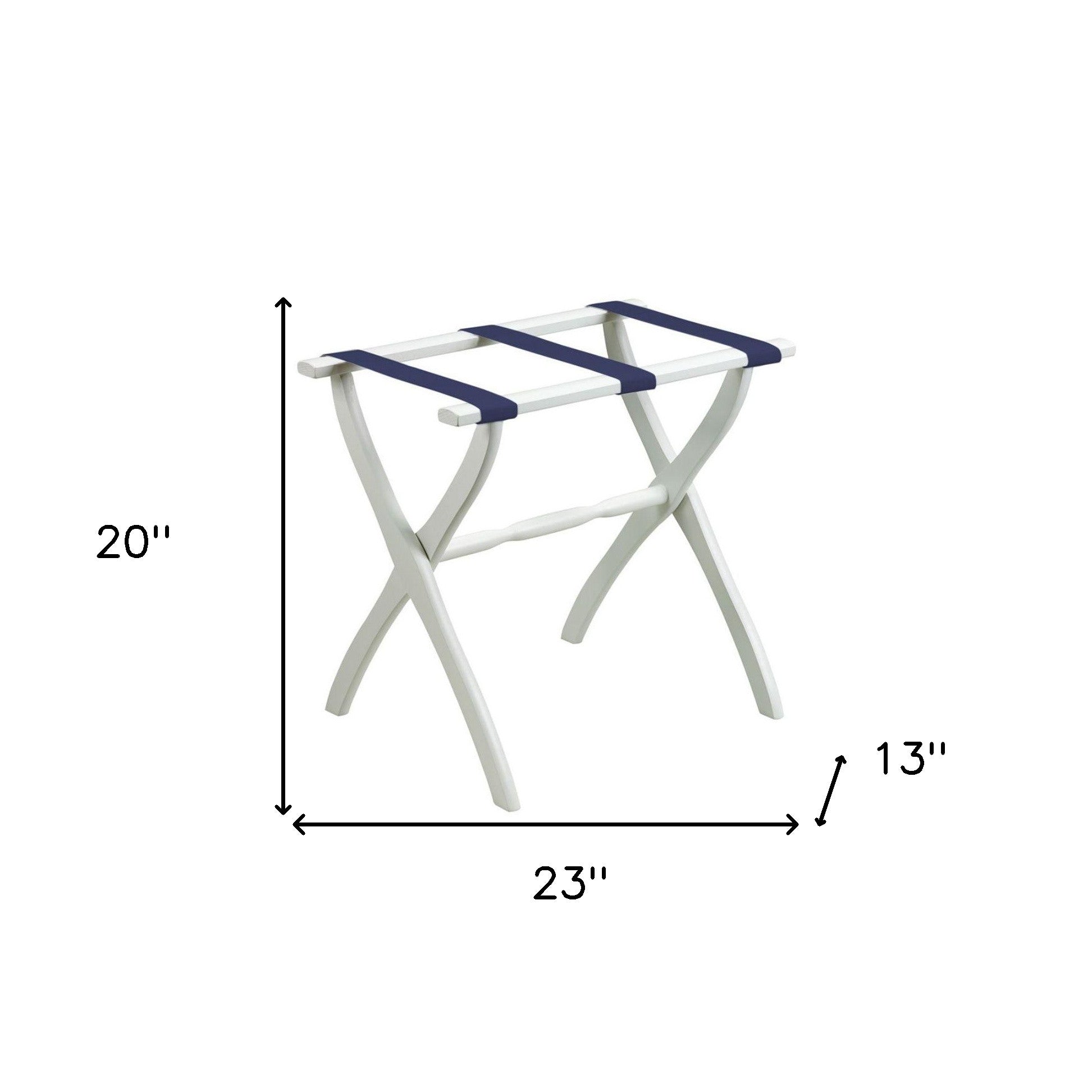 White Folding Luggage Rack With Navy Blue Straps