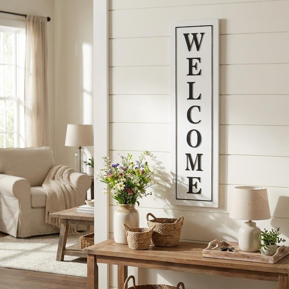 39" X 11" White And Black Welcome Metal Wall Decor