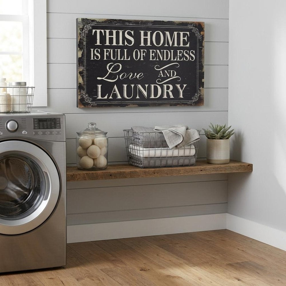 16" X 24" Black and White Endless Love And Laundry Wood Wall Decor