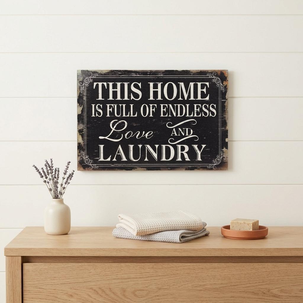 16" X 24" Black and White Endless Love And Laundry Wood Wall Decor