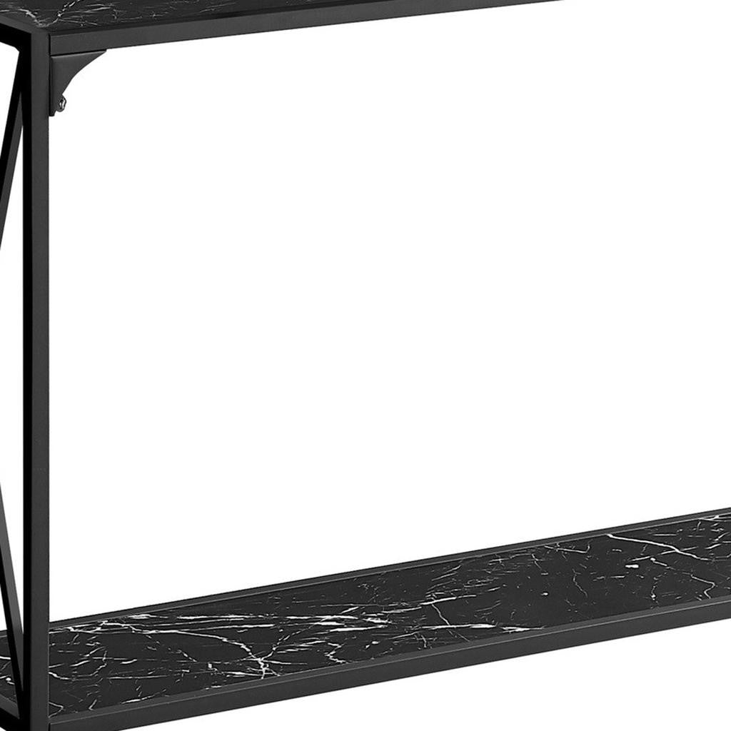 48" Black Wood and Metal Faux Marble Console Table With Shelf