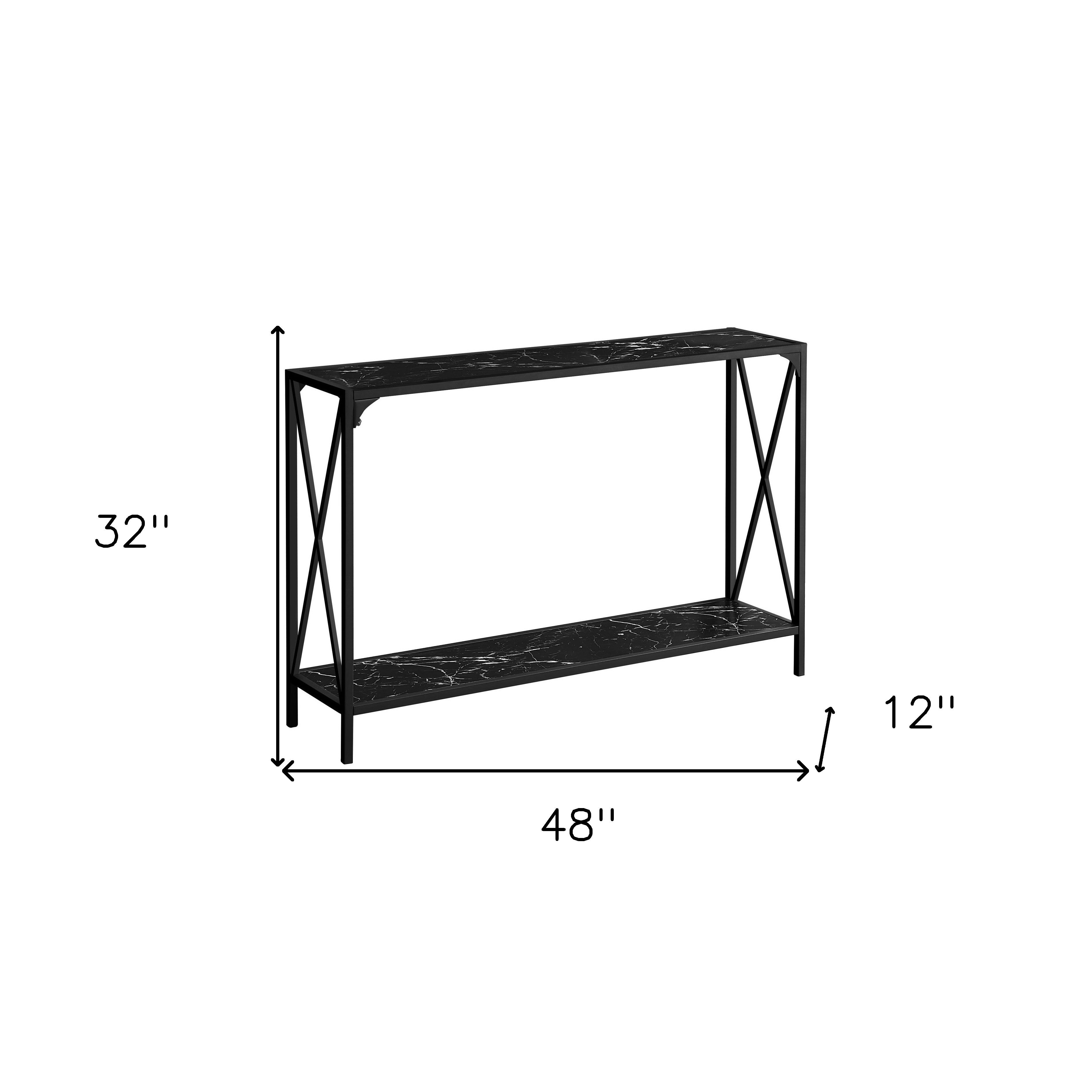 48" Black Wood and Metal Faux Marble Console Table With Shelf