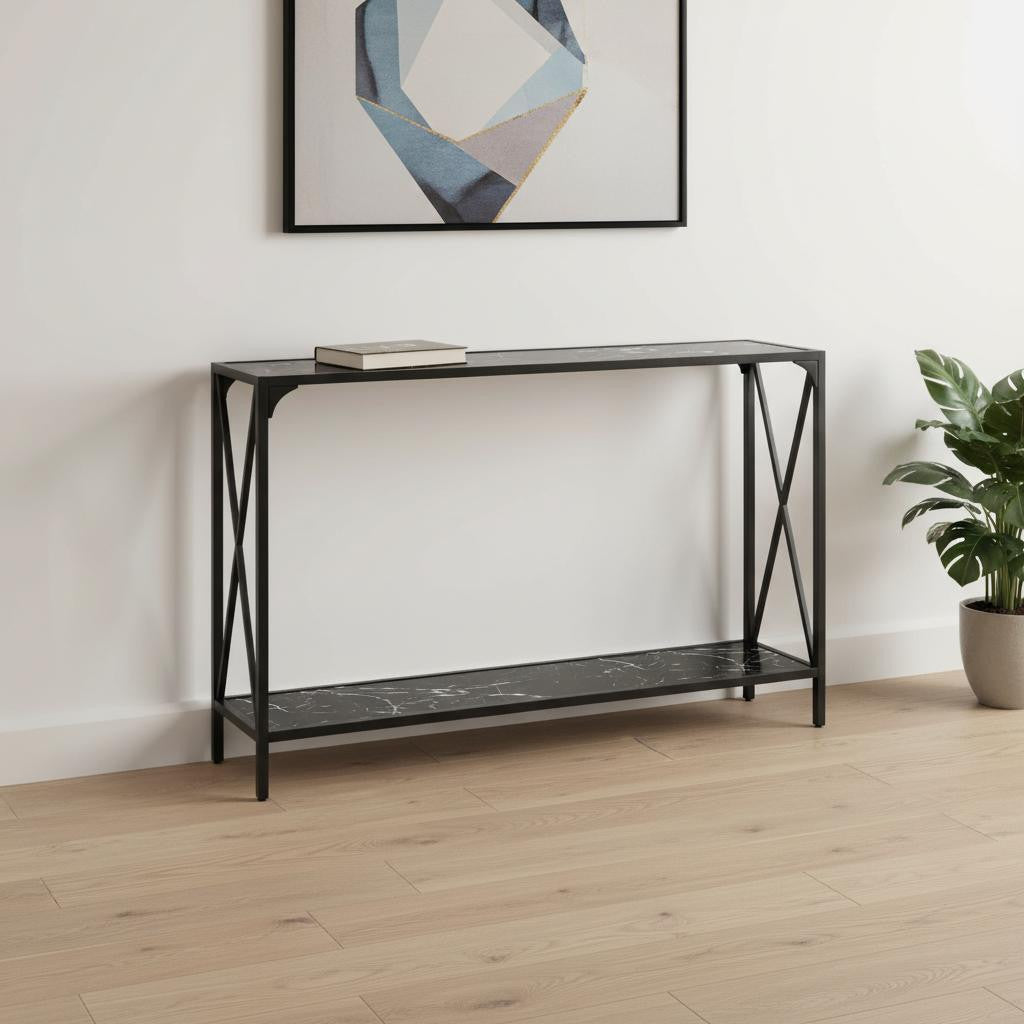 48" Black Wood and Metal Faux Marble Console Table With Shelf