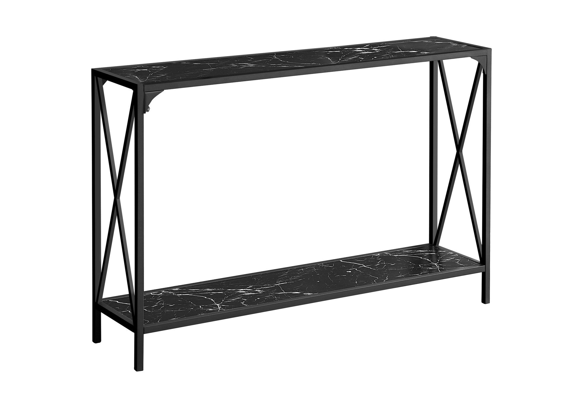 48" Black Wood and Metal Faux Marble Console Table With Shelf