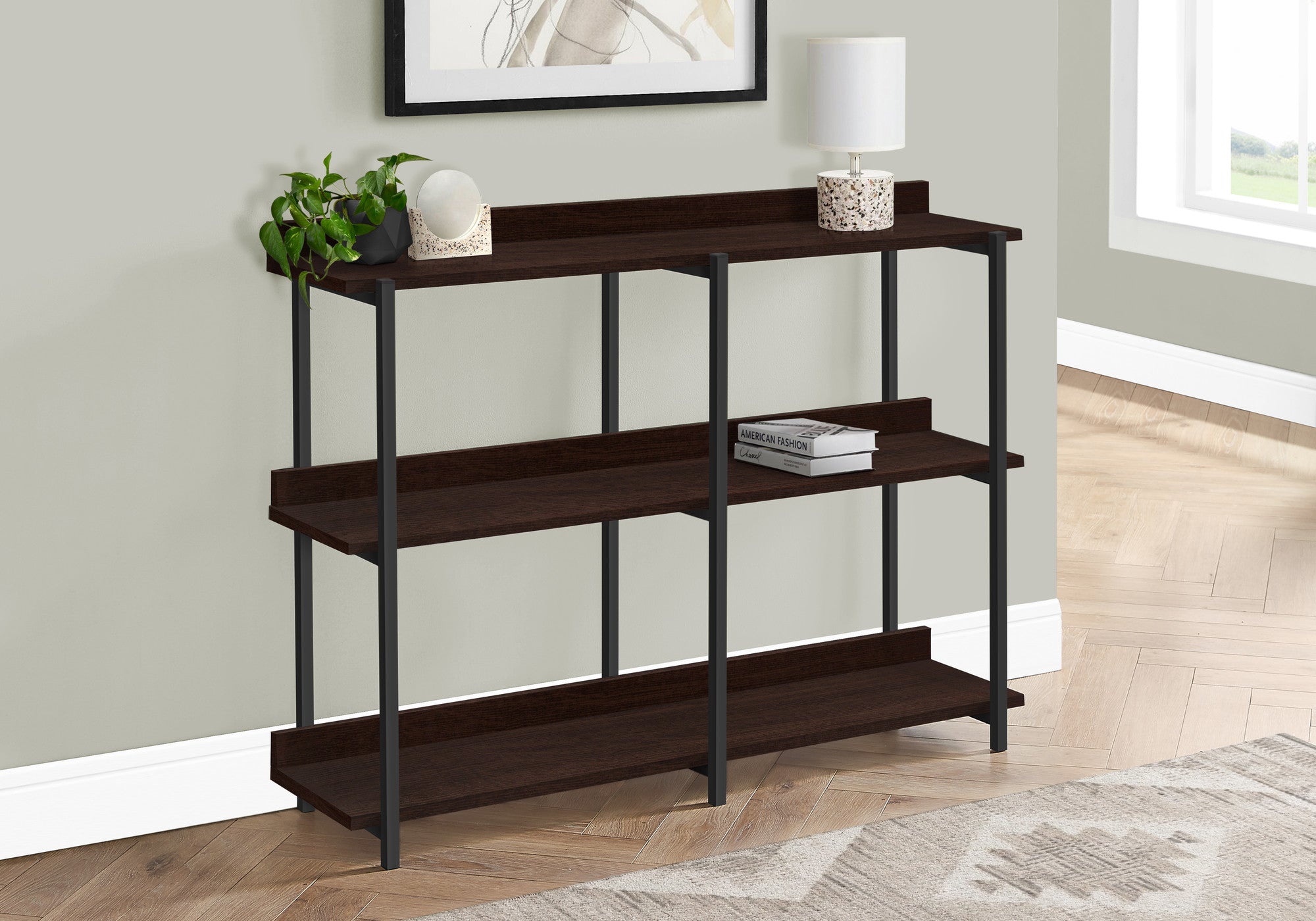 47" Brown and Black Wood and Metal Frame Console Table With Three Shelves