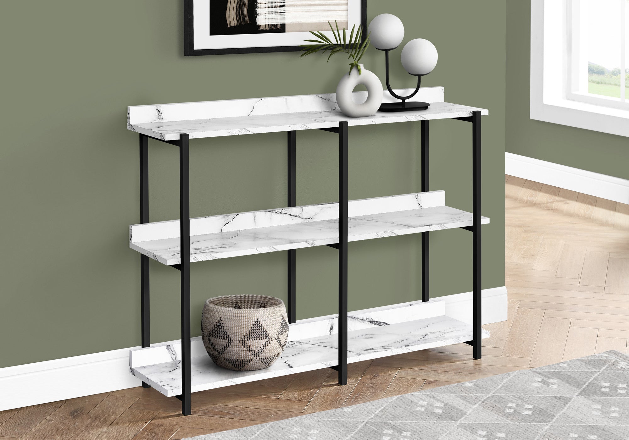 47" White and Black Wood and Metal Faux Marble Console Table With Three Shelves