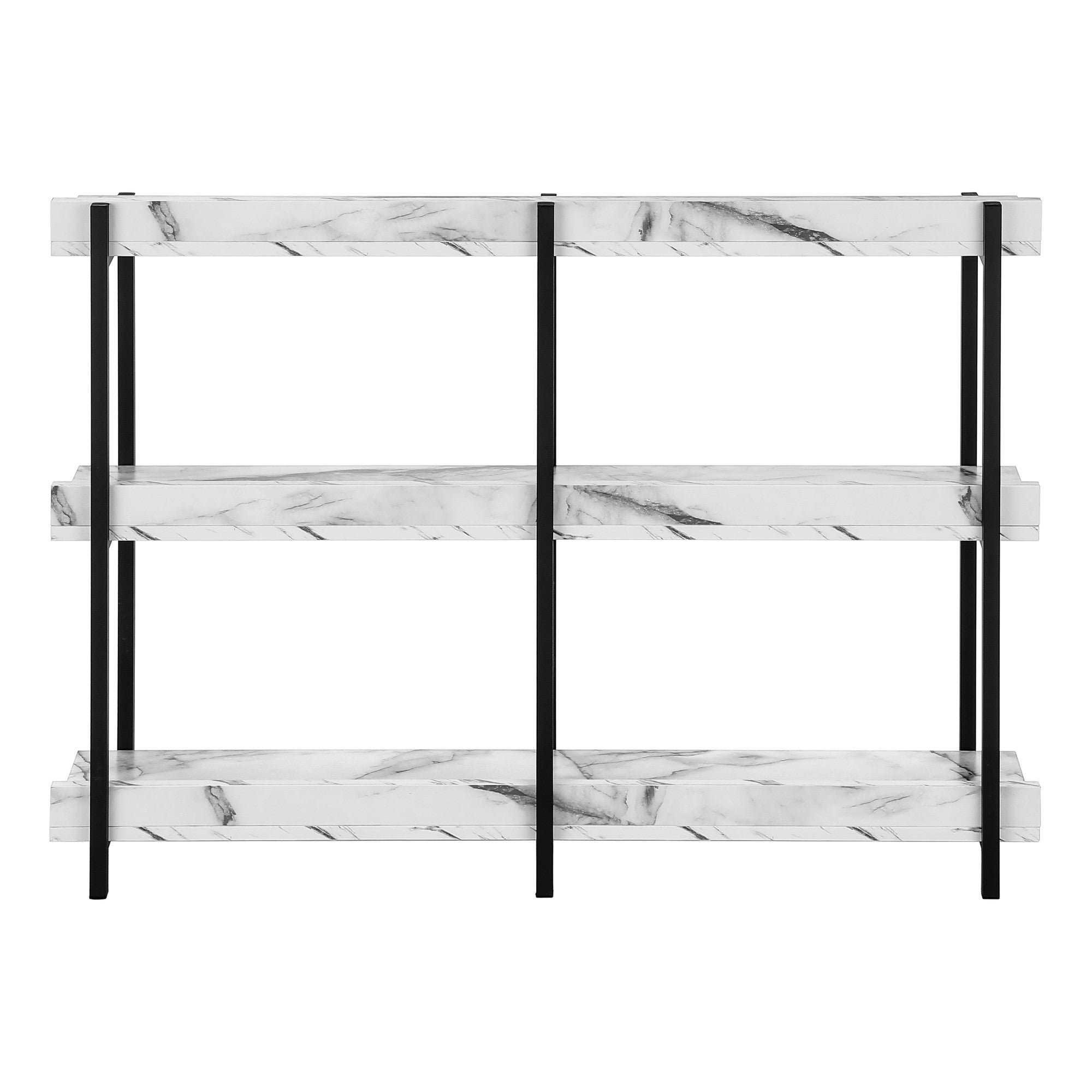 47" White and Black Wood and Metal Faux Marble Console Table With Three Shelves