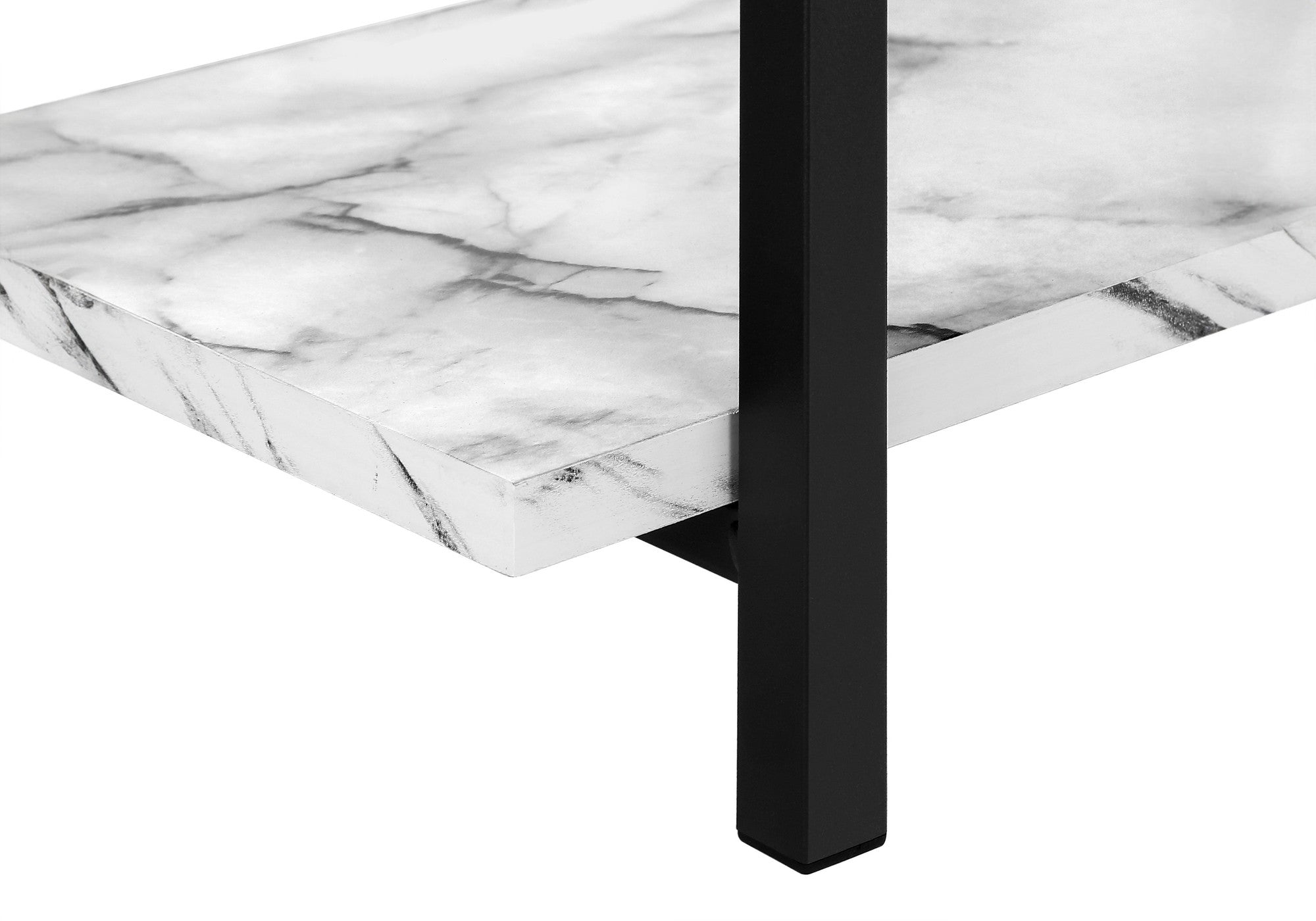 47" White and Black Wood and Metal Faux Marble Console Table With Three Shelves