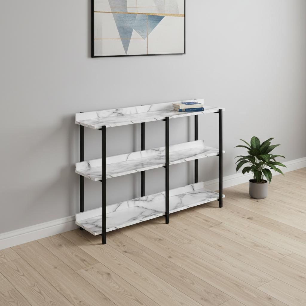 47" White and Black Wood and Metal Faux Marble Console Table With Three Shelves