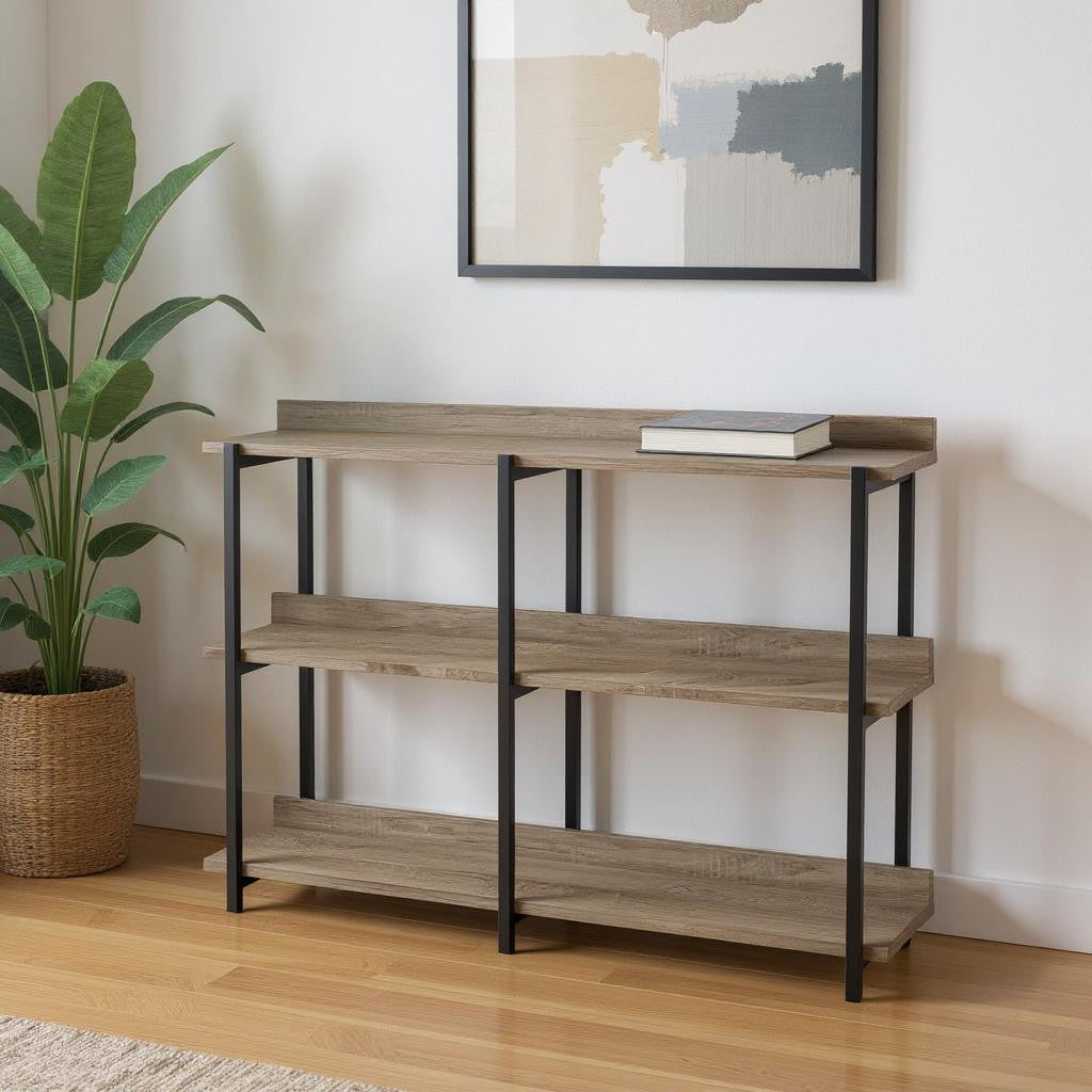 47" Taupe and Black Wood and Metal Frame Console Table With Three Shelves