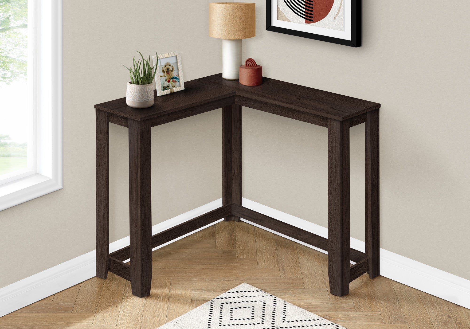 36" Espresso Wood Distressed Corner Frame Console Table