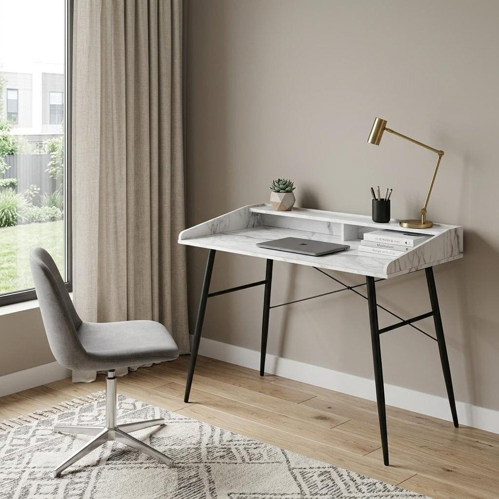 47" White and Black Faux Marble Wood and Iron Parsons Writing Desk