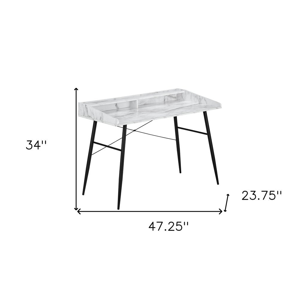 47" White and Black Faux Marble Wood and Iron Parsons Writing Desk