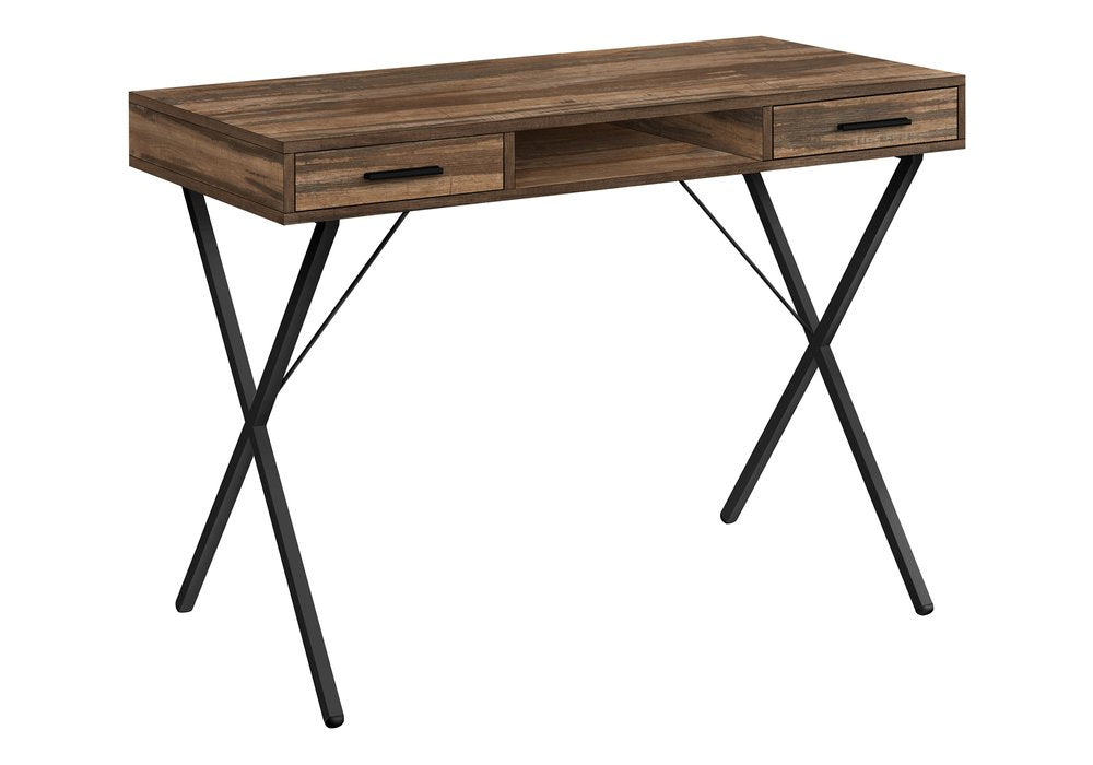 42" Brown and Black Wood and Metal x-Shape Computer Desk With Two Drawers