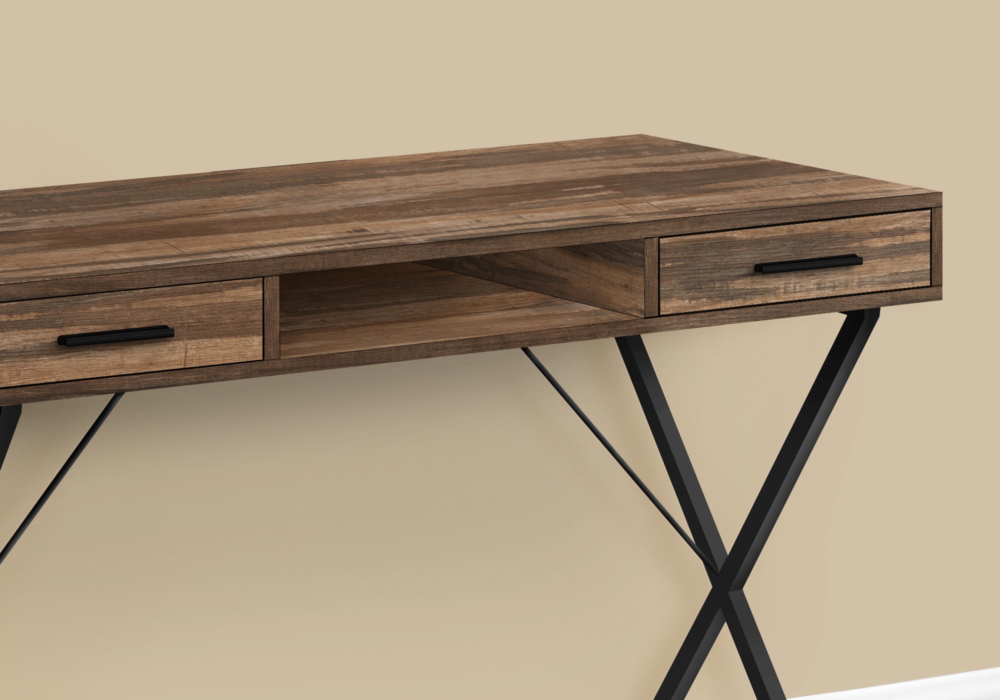 42" Brown and Black Wood and Metal x-Shape Computer Desk With Two Drawers