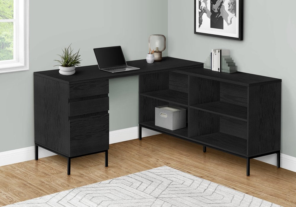 60" Black L Shape Computer Desk With Three Drawers