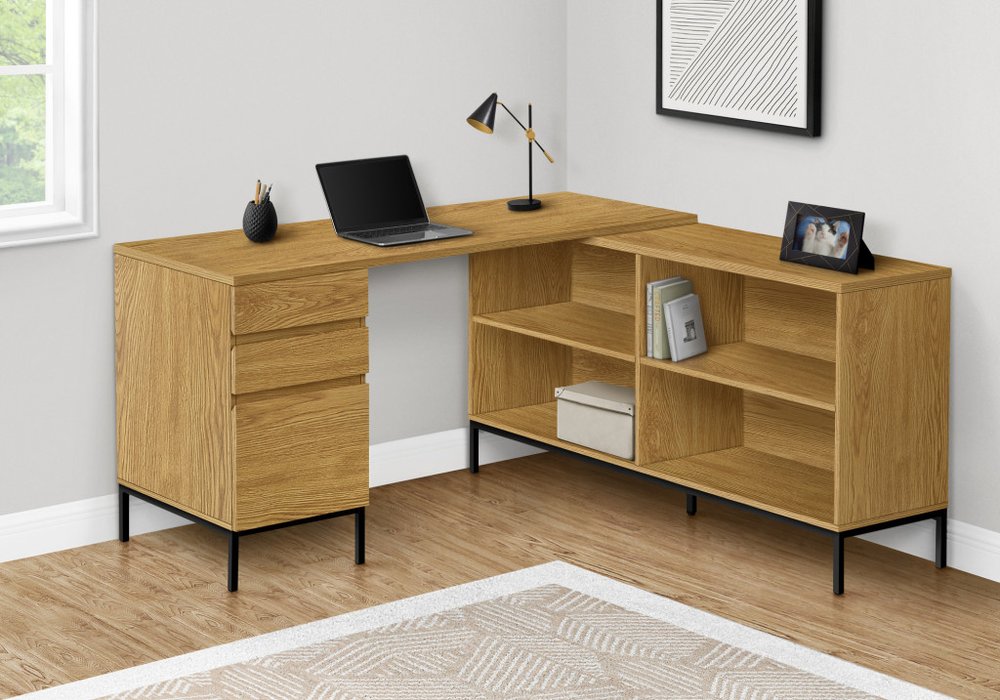60" Brown and Black L Shape Computer Desk With Three Drawers