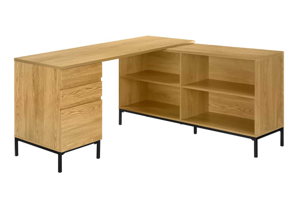 60" Brown and Black L Shape Computer Desk With Three Drawers