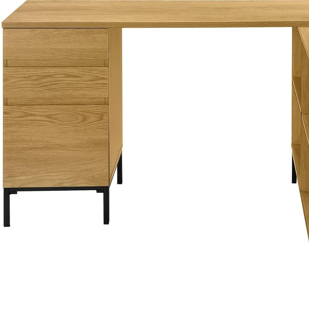 60" Brown and Black L Shape Computer Desk With Three Drawers