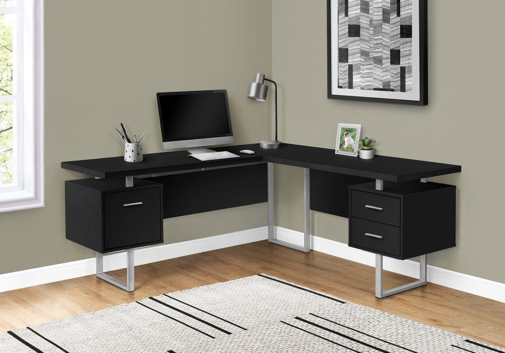 71" Black and Gray L Shape Computer Desk With Three Drawers