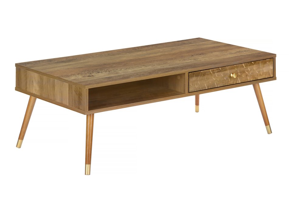 44" Natural And Brown Solid Wood Coffee Table With Drawer And Shelf