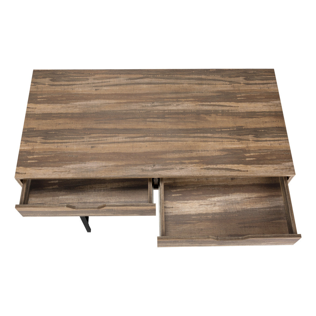 47" Brown and Black Wood and Metal H-Shape Computer Desk With Two Drawers