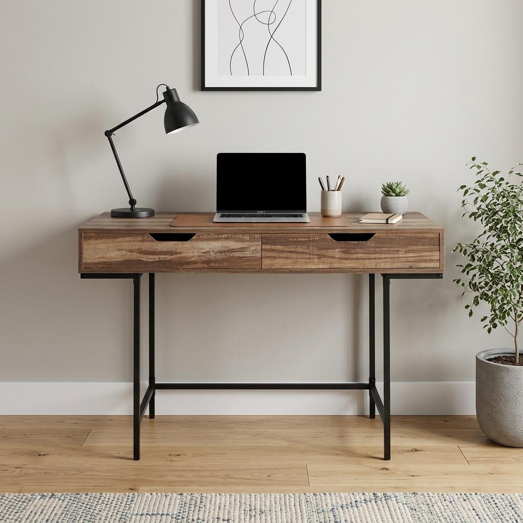 47" Brown and Black Wood and Metal H-Shape Computer Desk With Two Drawers