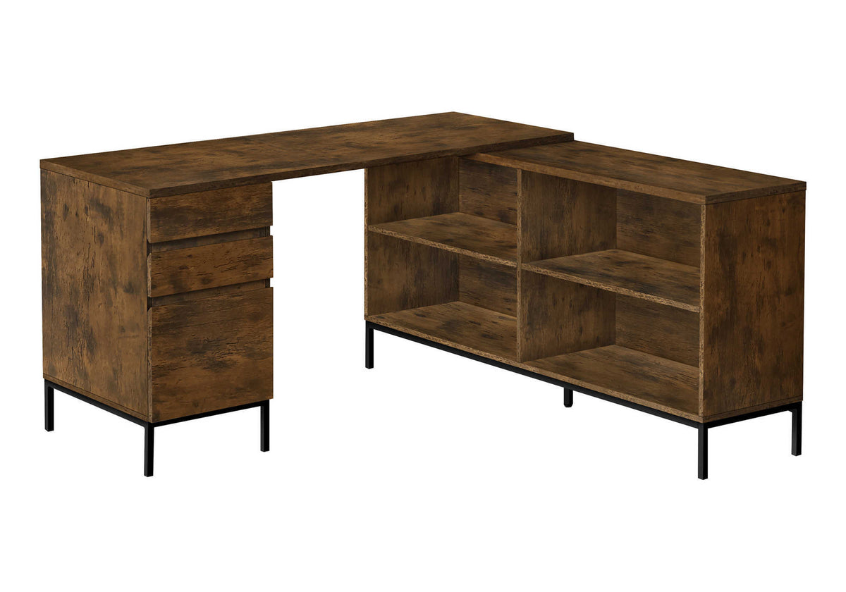 60" Brown and Black L Shape Computer Desk With Three Drawers