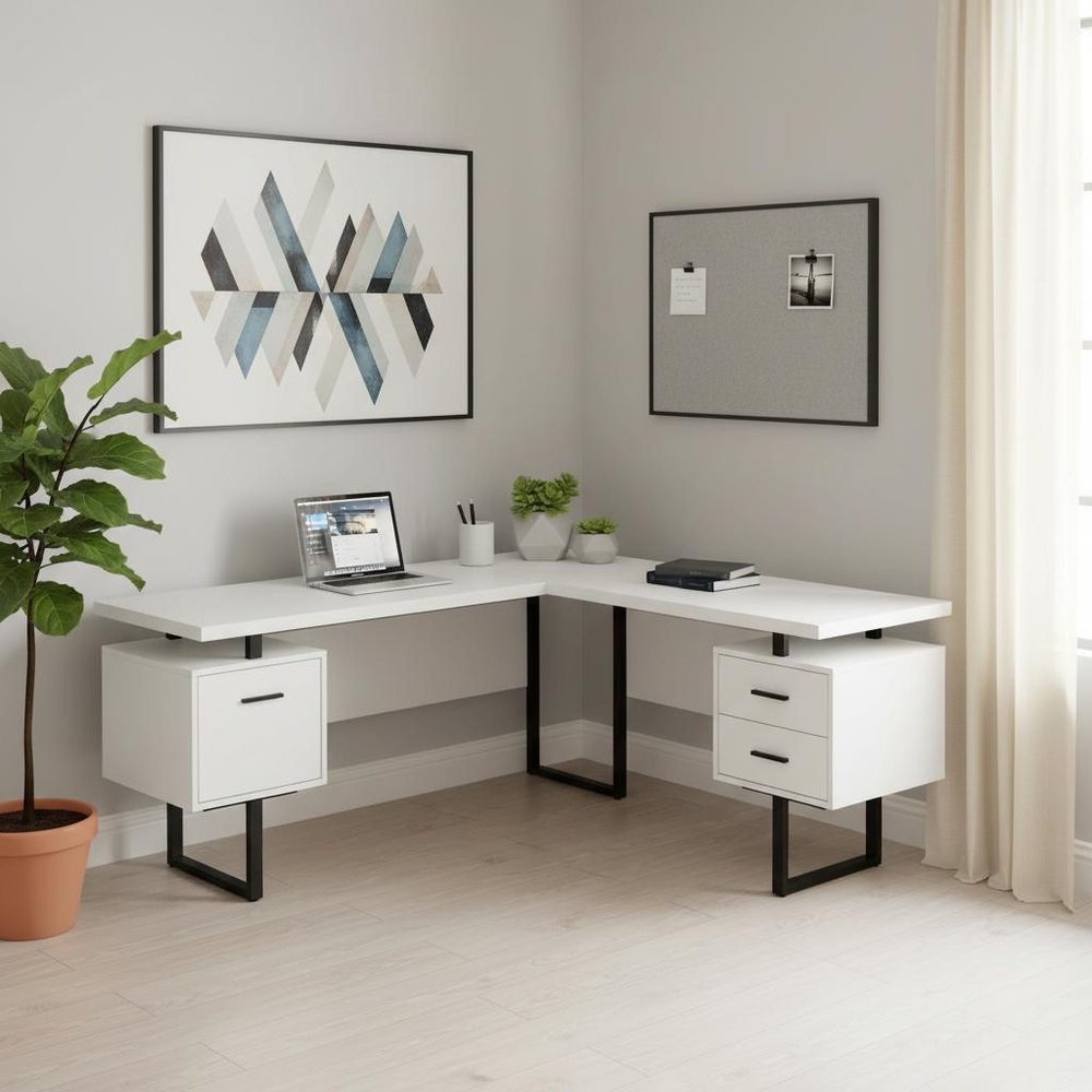 71" White and Black L Shape Computer Desk With Three Drawers