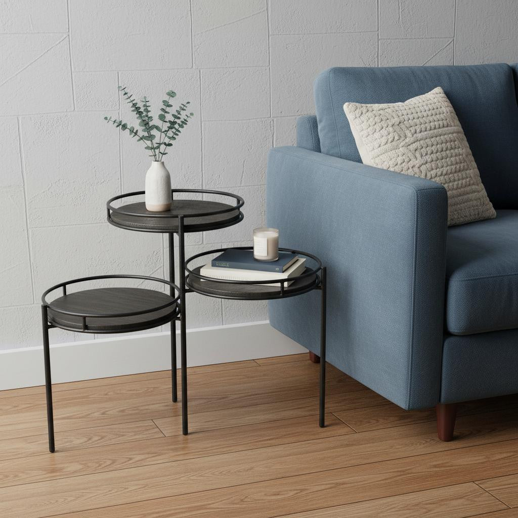 23" Black Solid Wood And Iron Round End Table