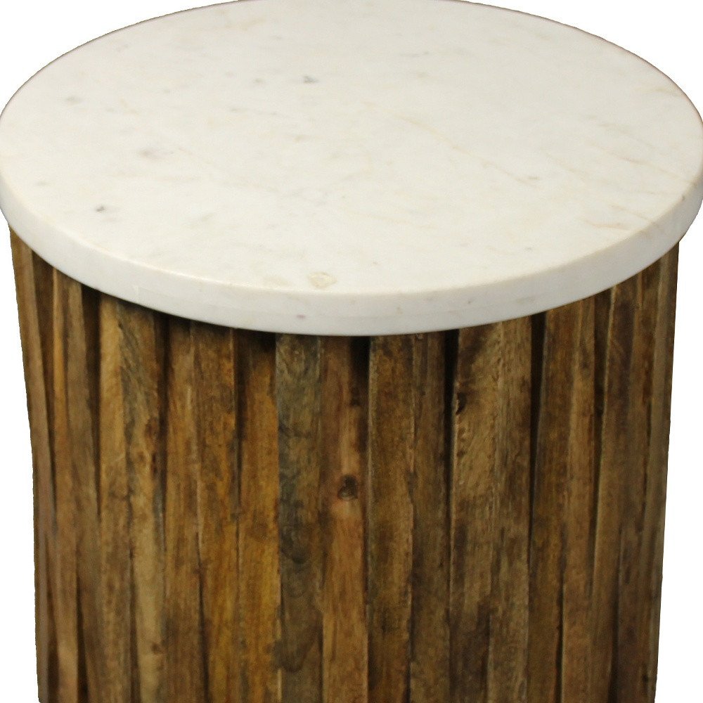20" Brown And Ivory Marble And Solid Wood Round End Table