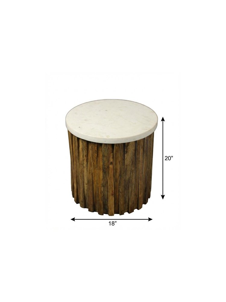 20" Brown And Ivory Marble And Solid Wood Round End Table