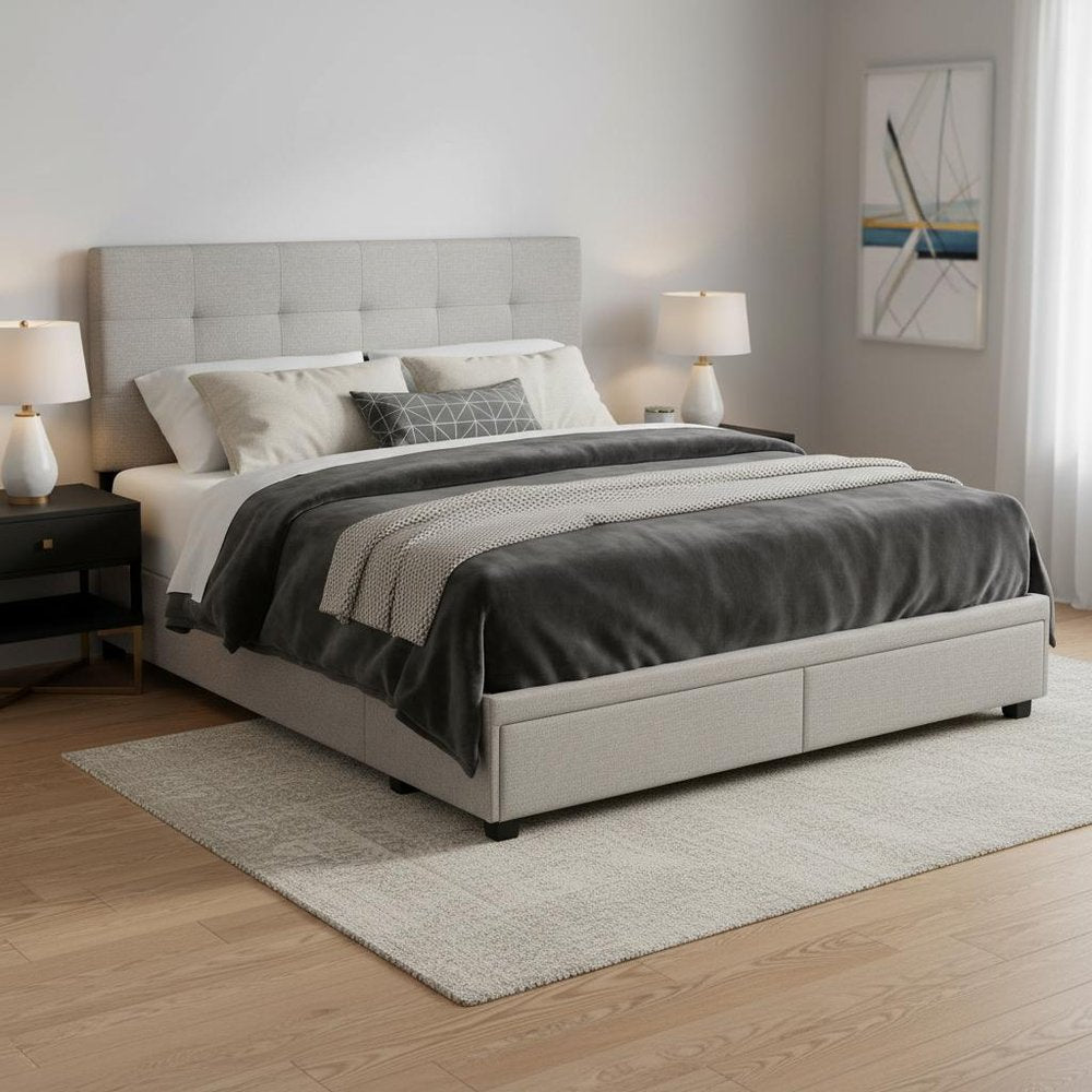 Gray Tufted Linen Upholstered Queen Bed Frame With Drawers