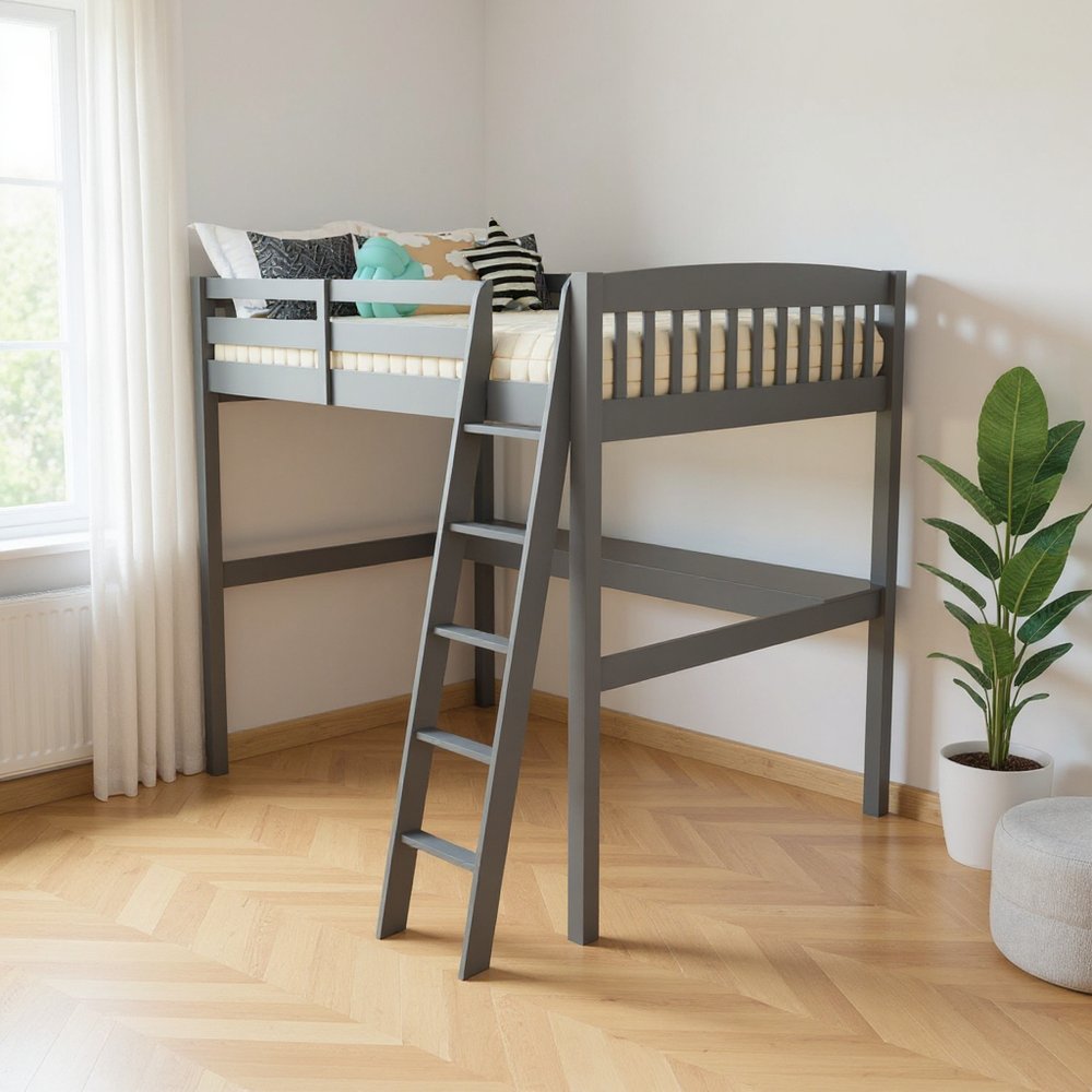 Gray Solid Wood Full Double Size Loft Bed with Desk and Storage
