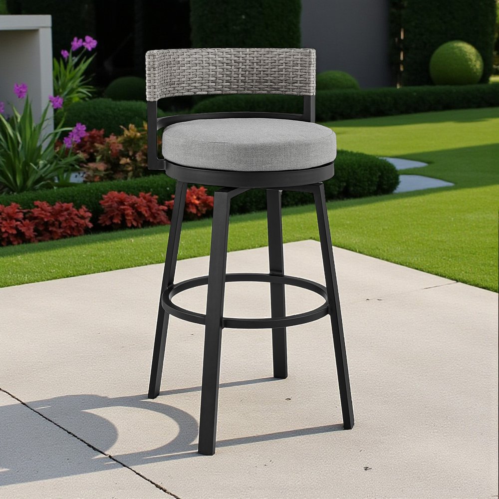 38" Light Gray Metal Swivel Low back Outdoor Bar Height chair with Footrest
