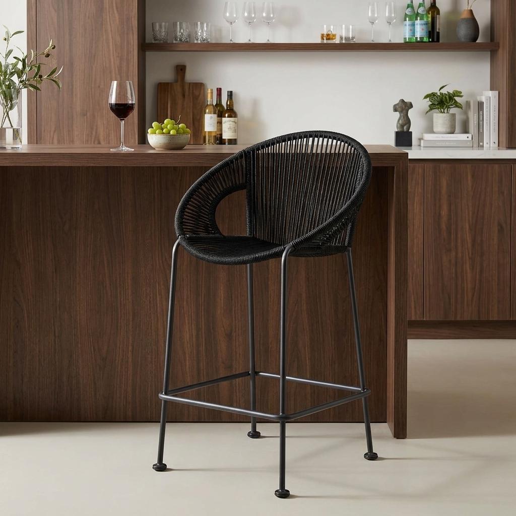 40" Black Metal Low back Outdoor Counter Height Bar chair with Footrest