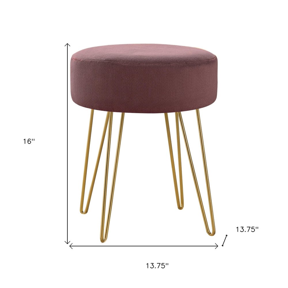 14" Plum Fabric and Gold Round Ottoman